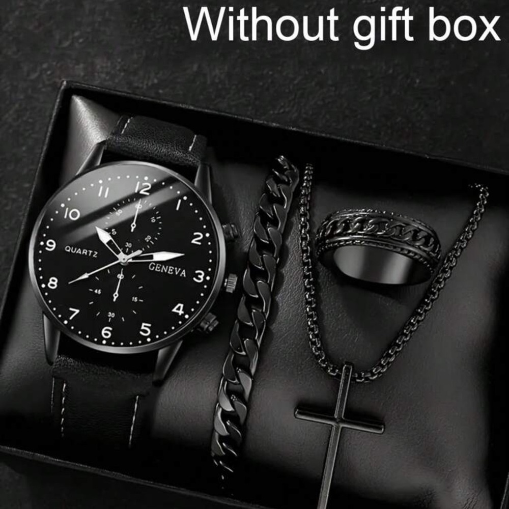 4pcs Men's Casual Quartz Watch Set With Black Dial & Stylish Accessories